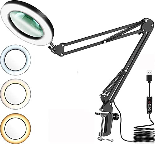 eSynic 10X HD Magnifying Glass Desk Lamp with 64 LED Table Magnifier Lamp with Adjustable Metal Swivel Arm,3 Color Modes,11-Level Brightness,Clamp On USB Magnifying Light for Reading Crafting