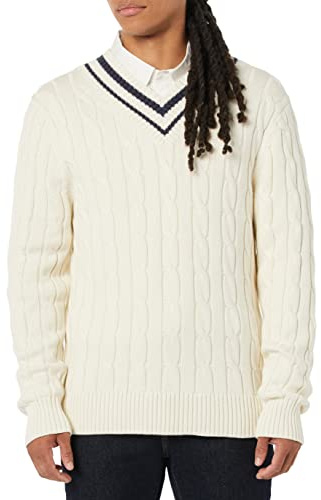 Amazon Essentials Suéter de punto trenzado con cuello en V para hombre, beige claro, talla L