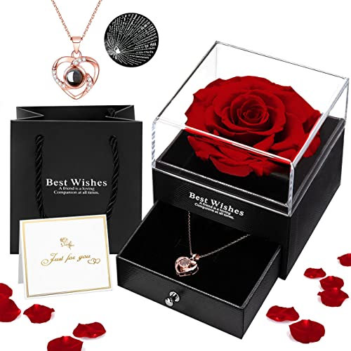 Oauir Gusix Preserved Real Rose in Box with I Love You Necklace Handmade Eternal Flower Valentine Gifts for Her Girlfriend Wife on Wedding Anniversary Birthday Mother's Day Christmas