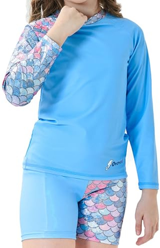 Ovovod Girls Swimsuit Two Piece Rash Guard Set for 4-14 Years UPF 50+ UV Protective Long Sleeve Swimwear