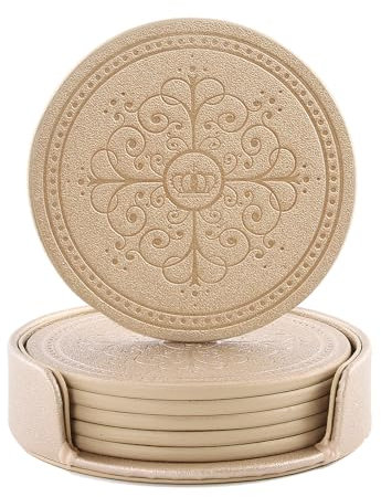 LISRSC Coasters for Drinks Set of 6 - PU Leather Coasters with Holder - Absorbent Drink Coasters for Coffee Table- Suitable for Kinds of Cups - Coaster Set for Home Decor Tabletop Protection(Nude)