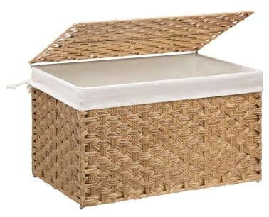 MOORLITER Wicker Storage Basket with Lid, 17.2 Gallon (65L) Small Blanket Basket with Lid, Woven Storage Bin with Handles, Removable Liner, Metal Frame, Foldable, for Bedroom, Laundry Room, Natural