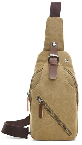 DORRISO Små bröstväskor för män, resor, lättviktig, axelremsväska för 7,9 tums iPad sling-väska med hål för hörlurar, för vandring, camping, ledig semester kanvas axelväska för män, Khaki, L, Axelväska