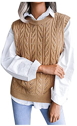Cocila Women's Long-Sleeve Jumper Women'S Autumn And Winter Round Neck Knitted Sweater Vest Solid Color Cable Knitted College Wind Sleeveless Knitted Vest plus Size Junior (Khaki, L)