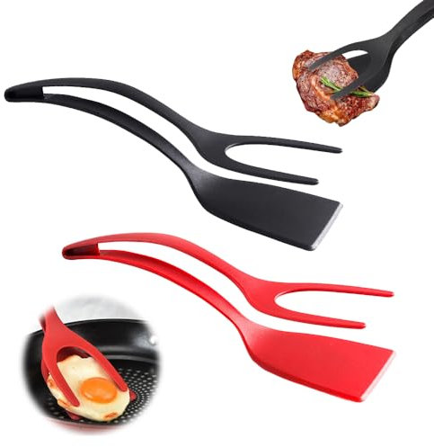 2 in 1-Handgriff-Umdrehung der Zange, Spiegelei Wender, Spatula Tong für Spiegelei, Silikon-Brotzange, Kochwerkzeug, Küchenutensilien (rot+schwarz)