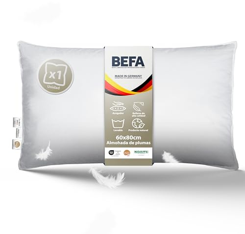 BEFA NATUR Almohada de Plumas 80x80 cm | 100% Plumas | 1500g Peso de Relleno (1 Pieza, 60x80 cm)