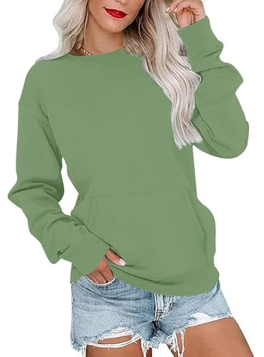 PLOKNRD Womens Sweatshirts Crew Neck Ladies Jumpers Long-Sleeve Casual Tops with Pockets(Green,S)