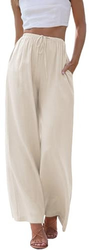 Cegerne Damen Leinenhose Lang Leicht Sommerhose Loose Fit Casual Locker Stoffhose Weite Beine Palazzo Hose mit Taschen, Apricot-1, XXL
