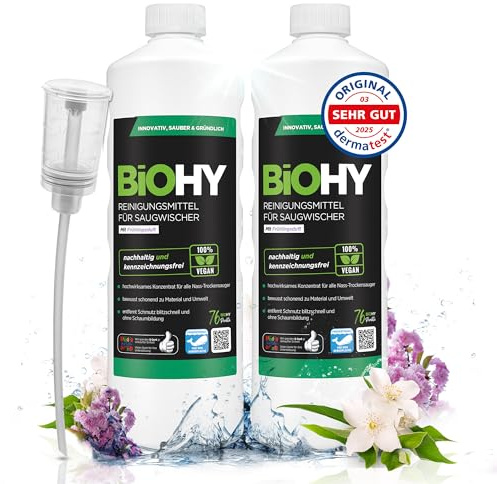 BiOHY Rengöringsmedel för sugtorkare med fräsch vårdoft (2 x 1l flaska) + doser | 1:200 koncentrat för alla våttorkdammsugare | för kakel, PVC, parkett, laminat och mattor | hållbar och ekologisk