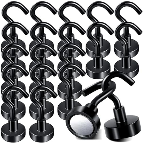 20 Pezzi Ganci Magnetici 16mm Nero, Gancio Magnetico Magneti al Neodimio Con Gancio Con Occhielli Rotondi Ganci MagneticiPer Frigorifero Da Cucina, Campeggio, Soffitto, Griglia, Ufficio