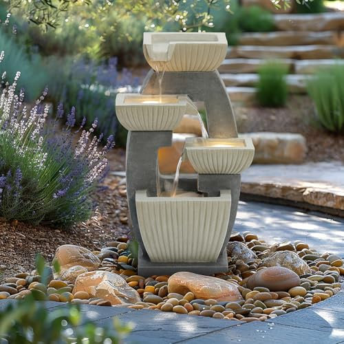 CHARLES BENTLEY 4 Tier, Water Feature, UV Resistant, Weather Resistant, Mains Powered, Plug Included, Frost Resistant, Modern, Water Fountain, Built In LED Lights, Polyresin (65x38x26.5cm)