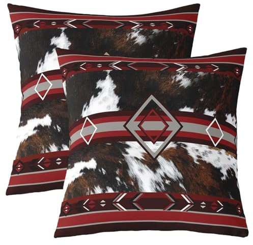 Homemissing Kuhfell Druck 2er Set Kissenbezüge 50x50cm Jungen Mädchen Western Farm Tierhaut Kissenhülle atmungsaktives weiches Kuhfell Kissenbezug Cowboy Schlafzimmer Dekor dunkelrot braun