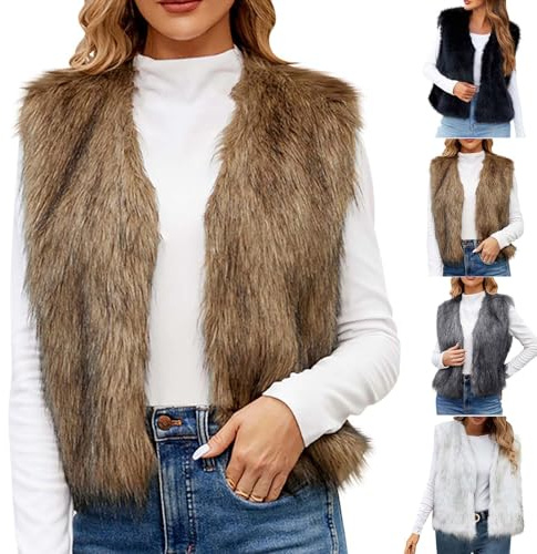 Wyongtao manteau fausse fourrure femme sans manches col en v veste femme hiver fausse fourrure Chaud gilet vestes Duveteux et doux Cardigan gilet d'hiver Shaggy Chaude blouson chic et Élégant