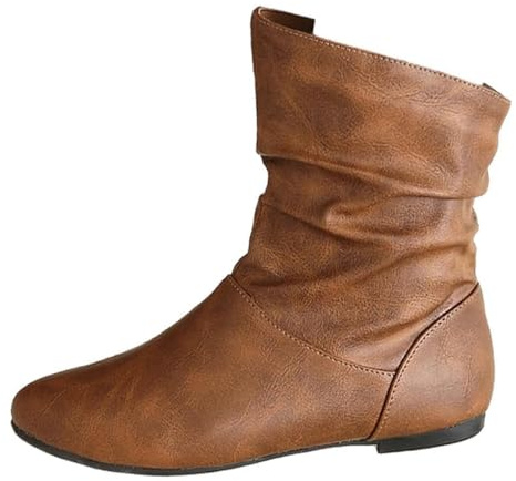 Flat Ankle Boots Leather Low Heel Booties Fall Slouchy Booties Casual,Low Top Waterproof Ankle Boots Pull On Comfy Casual Shoes,Chunky Heel Round Toe Ruched Boots