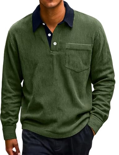 Sweat-shirt léger en velours côtelé pour homme - Manches longues - Col montant - Fermeture à boutons - Polyvalent - Pour les tenues décontractées d'automne et les superpositions, vert noir, L