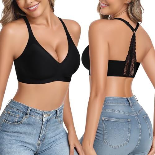 Wiepux Halter bygellös bh dam, justerbar spets Y-rem mjuk bekväm vadderad bralette push up v-ringning sömlösa underkläder, Svart, S