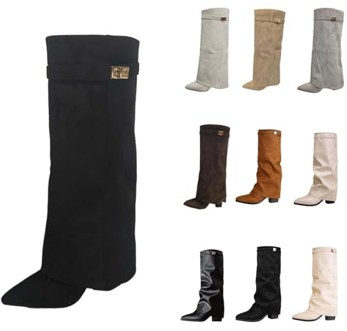 Botas por encima de la rodilla para mujer, botas de tiburón, botas negras, botas holgadas, punta puntiaguda, tacón de plataforma, botas largas hasta la rodilla, botas altas de invierno, cálidas, de