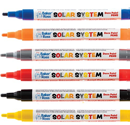 Baker Ross FE978 Pennarelli Decorativi Sistema Solare - Confezione da 6, Pennarelli Acrilici a Base di Olio per Progetti Artistici per Bambini, Ideali per Attività di Pittura su Legno