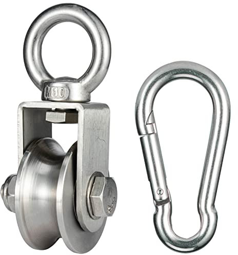 Umlenkrolle Stahlseil mit M8 Karabinerhaken, mit 2 Kugellager, Seilrolle Fitness Edelstahl 304, Tragkraft 500kg