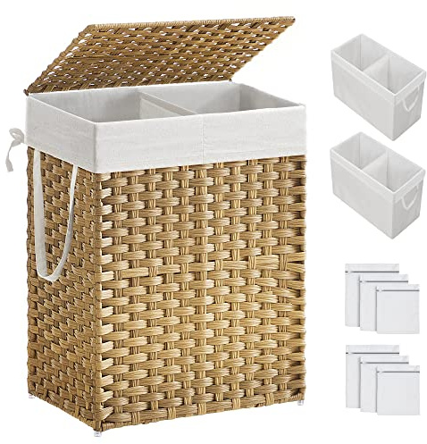 SONGMICS Cesto portabiancheria con coperchio, cesto per biancheria da 90 l, con 2 sacchetti rimovibili e 6 sacchetti in rete, cesto portabiancheria in vimini, doppio cesto portabiancheria per bagno,