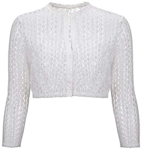Kelliar Blusa tirolesa, blusa tradicional para mujer, blusa tirolesa, manga larga, encaje, blusas tirolesas, blusas blancas, manga larga, clásico, disfraz para Oktoberfest, Blanco, 48