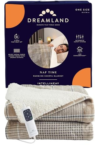 Dreamland Nap Time Heated Electric Blanket – Throw with 6 Heat Settings, Fast Heat Up, Auto Timer for Heat protection, Machine Washable - Velvet Sherpa Beige Tartan Check - 180 x 135 cm