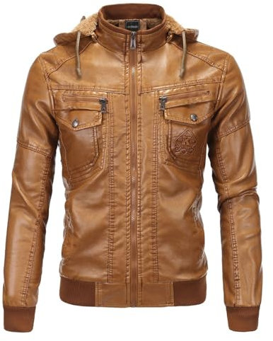 Rosennie Lederjacke Herren Einfarbiges Kunstleder Bikerjacke Mit Reißverschluss Warme Übergangsjacke Sweatjacke Mit Kapuze Holzfäller Jacke Mit Gefüttert Outdoor Jacke Für Männer Motorrad Jacke