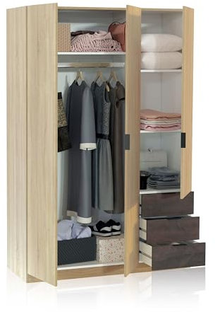 duehome | Armario de 3 Puertas y 3 Cajones, Armario para Dormitorio, Modelo Hexa, Acabado en Roble Canadian y Oxido, Medidas: 121 cm (Largo) x 180 cm (Alto) x 52 cm (Fondo)