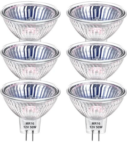 Flaspar MR16 Halogen Leuchtmittel 50W 12V, GU5.3 Deckenglühbirnen 2 Pin Dimmbar, Reflektor Spot Glühbirnen, Warmweiß 2800K für Landschaftsbeleuchtung, 6er Pack