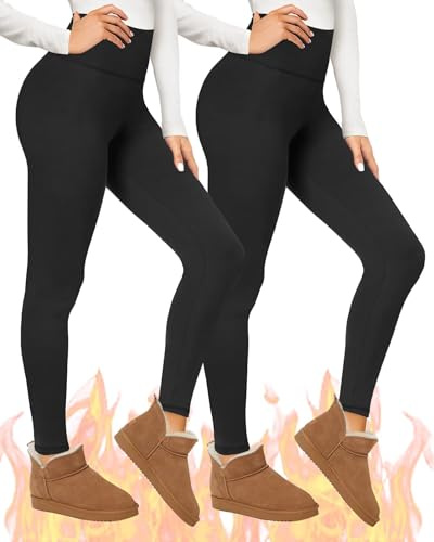 TNNZEET 2 Pack Thermal Leggings Women UK Fleece Lined Pants High Waisted for Gym Yoga in Winter(Black,L-XL)