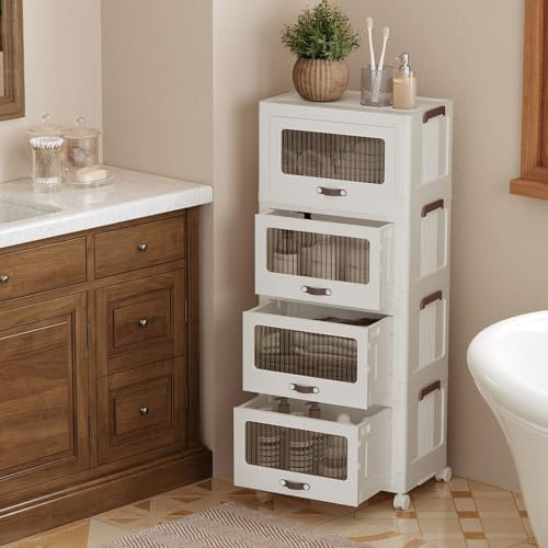 HOOBRO 4 Ebenen Stapelbare Aufbewahrungsboxen mit Schublade, 24,4 L Kunststoff-Aufbewahrungsbehälter mit Türen und Deckel, Faltbare Kisten Plastik-Ordnungsboxen mit Rädern, Weiß EWG440CW01