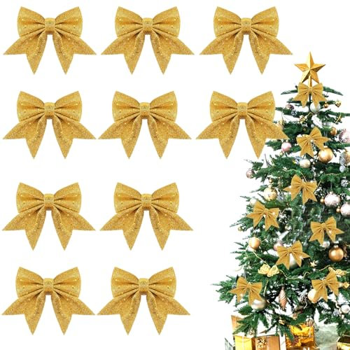 XIAGAW Schleifen Weihnachtsbaum, 10 PCS Weihnachtsschleifen, Christbaumschmuck Schleifen, Weihnachtsbaumschmuck Schleifen, Tannenbaum Schleifen, Weihnachtsbaum Deko für Türen, Fenster, Gärten (Gold)