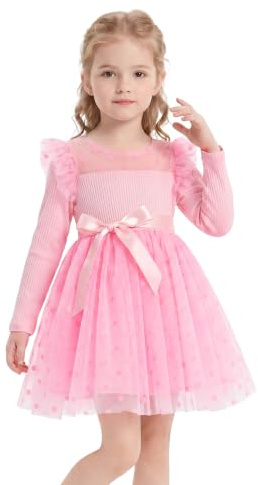 Miipat Klänningar för flickor flickor och flickor långärmad polka-prickig kjol prinsessklänning fest födelsedag tyllklänning bröllop flicka klänning, Rosenröd, 4-5 år