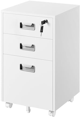 Yaheetech Rollcontainer Aktenschrank mit 3 Schubladen und Hängeregistratur Mobiler Büroschrank für Arbeitszimmer, Wohnzimmer, Büro Weiß
