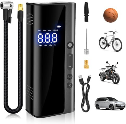 Electric Air Compressor 150PSI, 7.4V 8000 mAh Mini Portatile per Auto, Moto, Bicicletta, Palle, Ricaricabile Tramite USB-C, Come Lampada da Tasca e Powerbank