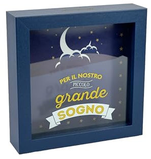 Salvadanaio Decorativo 'Per Il Nostro Piccolo Grande Sogno', Cornice Blu Notte con Luna, 16x16 cm