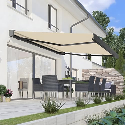 Primrose Electric Awning 2.5m x 2m Remote Control Ivory White Deluxe Full Cassette DIY Patio Awning with Lights Gazebo Canopy Complete with Fittings and Winder Handle