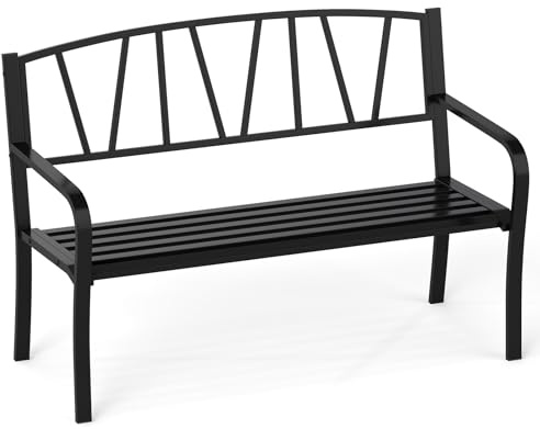 RELAX4LIFE Panchina in Metallo, Panchina da Giardino con Schienale, Braccioli Curvi, Seduta a Doghe per 2-3 Persone, Arredo da Esterno Robusto per Cortile, Bordo Piscina, Parco (128×60×86cm)