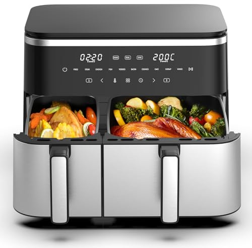 Heißluftfritteuse Doppelkammer 11L Airfryer, XXL Heissluftfriteuse mit 2 Körbe, 7L/4L, Hauptgericht und Beilage zugleich, 2600W, 10 Programme, Touchscreen, Shake-Erinnerung