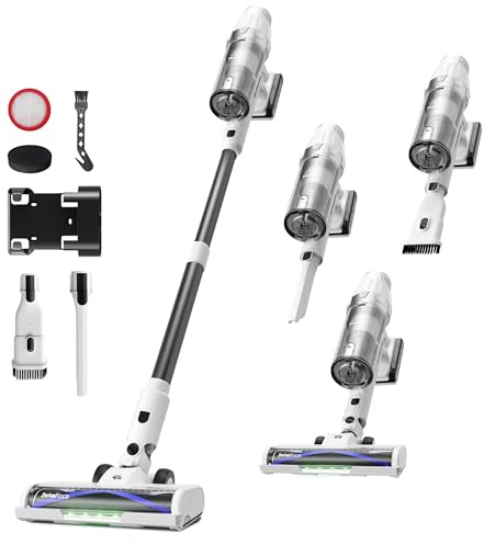 ElecKeys Akku Staubsauger 48000Pa/580W/65Min Staubsauger Kabellos mit LED Display, Selbststehend, Anti-Tangle-Bürste, 7-Schicht-Filtration, Akkustaubsauger für Hartböden Teppiche Tierhaare, Grau