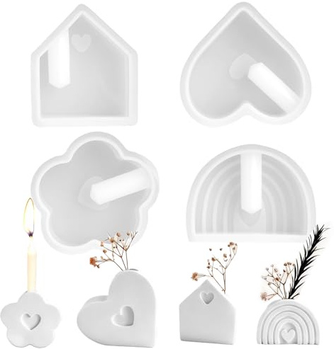 4PCS Stampi in Silicone, Fiore, Cuore, Casa Arcobaleno, Stampi Silicone Gesso Resina Cera, Stampo Portacandela Mini Vaso, Stampi Fai-da-Te per Colata Gesso, Resina, Cera e Decorazioni Creative