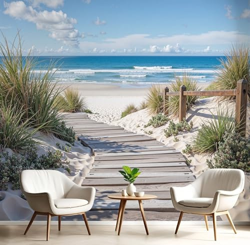 SMBHIAON Papier peint panoramique artistique 450×315 CM - Revêtement mural décoration chambre salon - Paysage De Plage - Bleu Clair - Sentier De Dunes En Bois