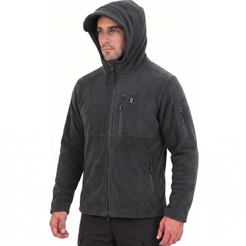Iron Mountain Men's Technical Fleece Zip Hoodie with Multiple Pockets Warm Durable Heavy-Duty Wind Resistant Anti-Pill Thermal Hooded Sweatshirt for Men Outdoor Winter Casual Wear (Charcoal Marl, L)