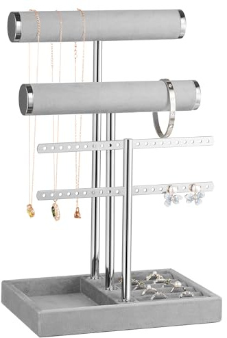 Josmimic Organizador de joyas con 3 niveles – Gris Soporte para joyas pulseras de terciopelo para pulsera, collar, relojes, anillos