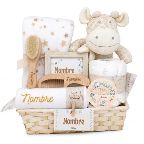 Mababyshop Cesta Bebé Recién Nacido Personalizada Mi Jirafa y Peluche