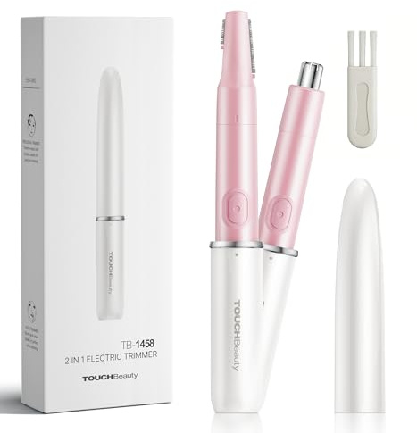 TOUCHBeauty Nose & Ear Hair Trimmer for Women, 2-in-1 Eyebrow Trimmer & Razor, Facial Hair Remover for Women, Battery-Operated Nose Trimmer Ladies, IPX6 Waterproof with Dual-Edge Blades