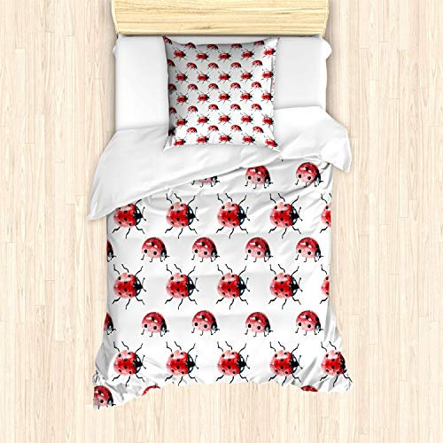 ABAKUHAUS Aquarell Bettbezug Set, Lady Bug Insekt, Milbensicher Allergiker geeignet mit Kissenbezügen, 135 cm x 200 cm - 80 x 80 cm, Vermilion Schwarz Weiß
