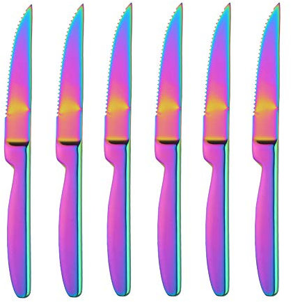 BISDARUN Steakmesser Set mit scharfem Wellenschliff Edelstahl 6-teilig Tafelmesser Regenbogen Fleischmesser Steak Knives Set Länge 22 CM/8,66 Inch