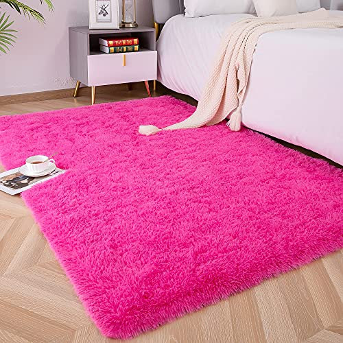 Foxmas Soft Fluffy Area Rugs for Bedroom Kids Room Plush Shaggy Nursery Rug Furry Throw Carpets for Boys Girls, College Dorm Fuzzy Rugs Living Room Home Decorate Rug, 3ft x 5ft, Hot Pink