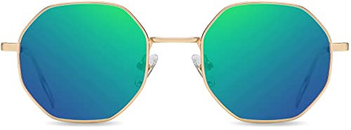 H HELMUT JUST Gafas de Sol para Mujer Hombre Marco Dorado Hexágono Lenti Verde Espejo Redondas Retro Polarizadas